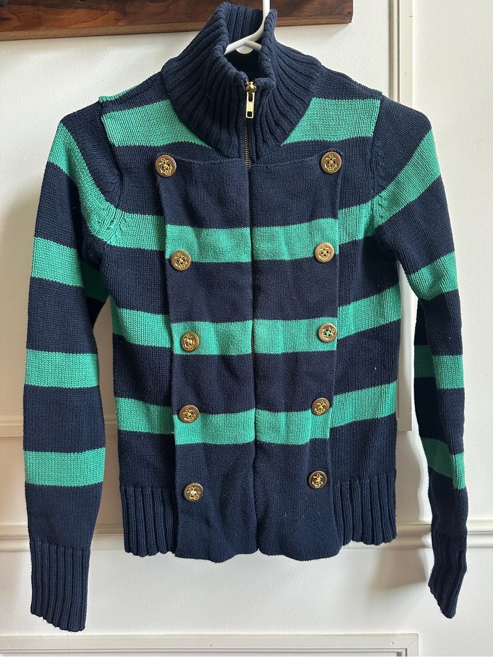 Nautical Striped Navy and Teal Double-Breasted Knit Cardigan